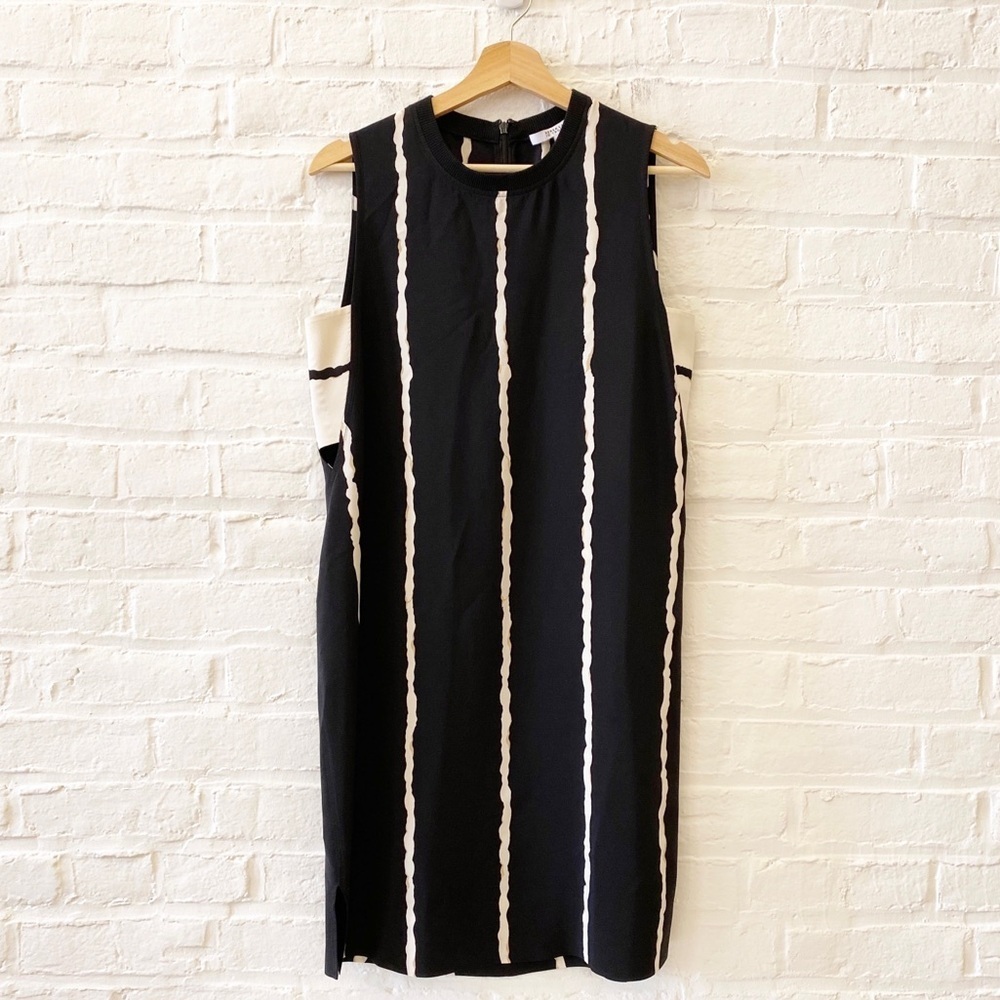 Derek Lam 10 Crosby || Silk Striped Sheath Dress Keyhole Black Cream 8